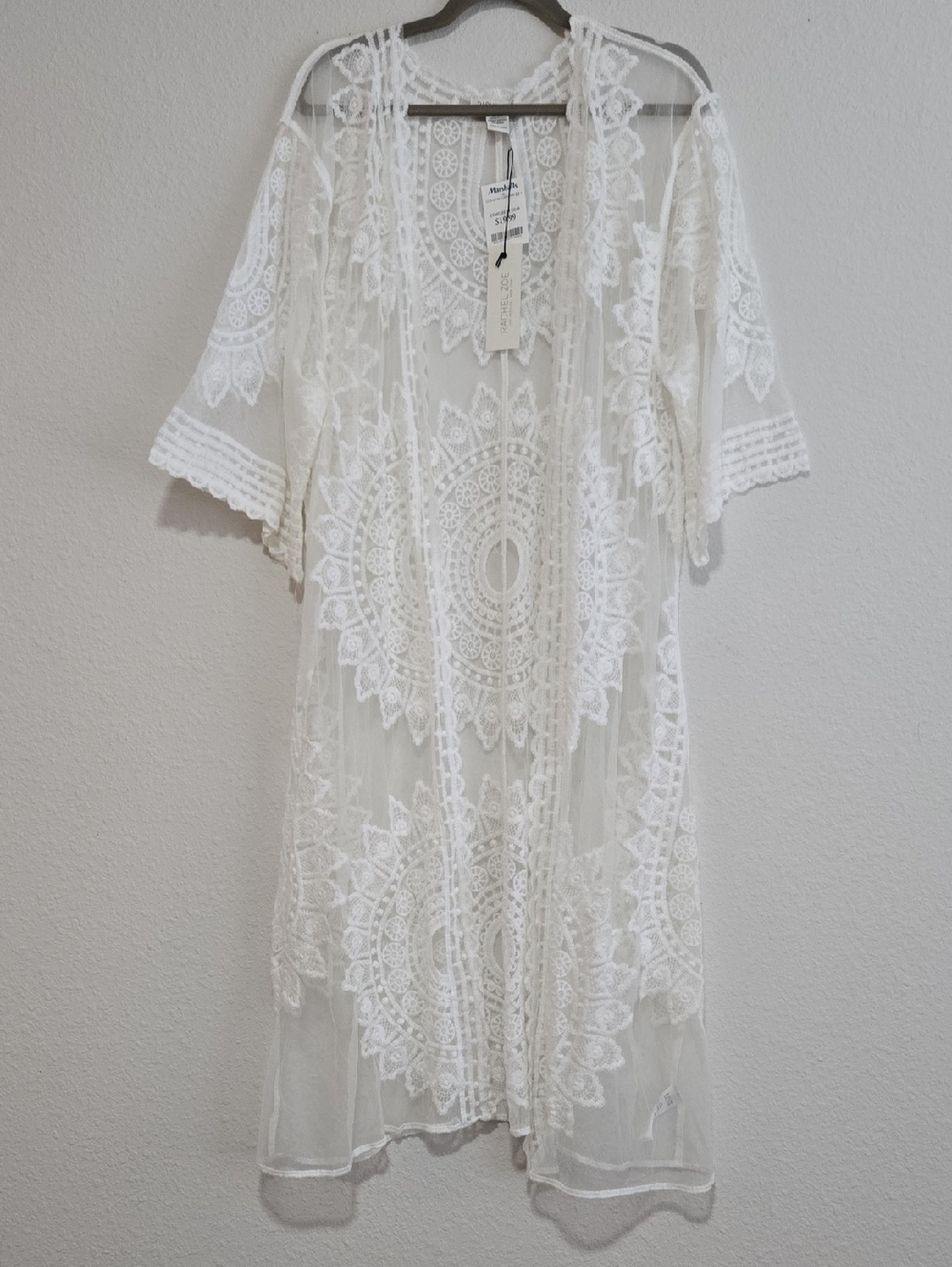 NWT Rachel Zoe white lace Boho kimono duster cardigan Beach Cover Up One Size